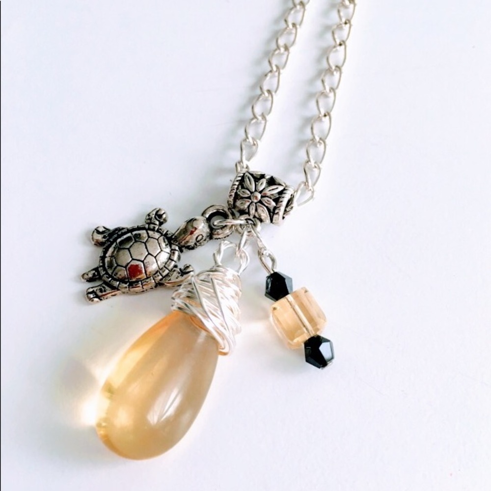 Yellow briolette with turtle charm necklace new
